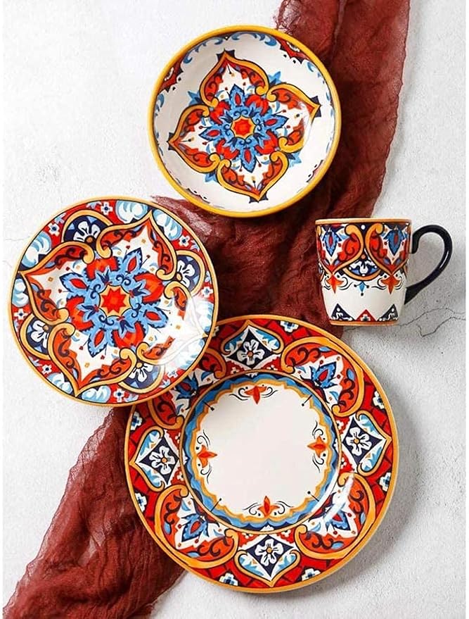 White Lace Ceramic Dinner Set for 6 People Porcelain Plates Bowls Service 20 Pieces