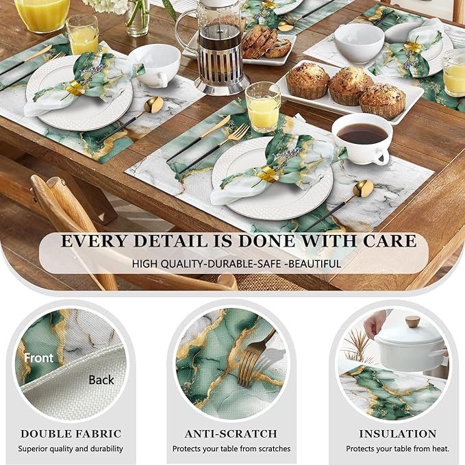 Mcalk 4 Each Green Marble Placemats and Cloth Napkins Set of 8, Modern Art Placemat, Marble Print Cloth Napkin for Home Kitchen Decor (Placemats 18 "x12 Napkins 18 "x18)