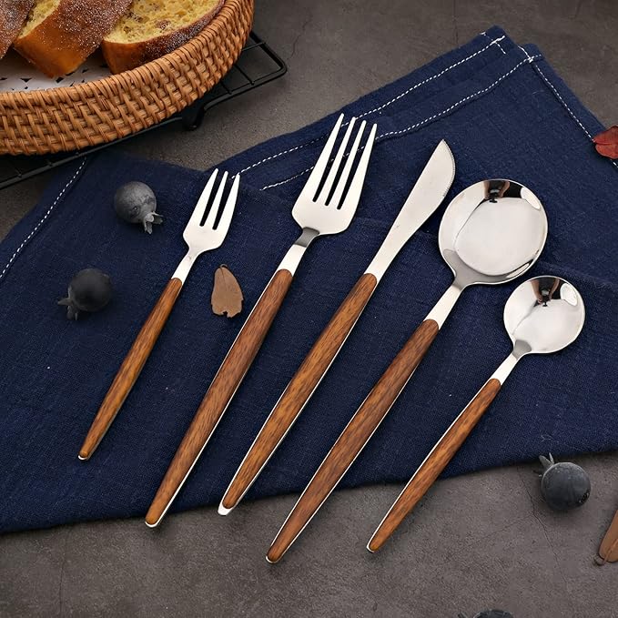 20-piece Wood Silverware Set for 4, Include Knife Fork Spoon, Stainless Steel Flatware Set with Wooden Handle, Mirror, Dishwasher Safe, for Home Kitchen Travel - Round Handle Silver