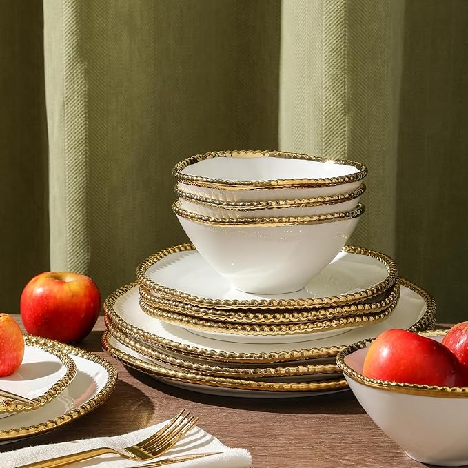Christian Siriano Akoya Porcelain Dinnerware Set, 24-Piece - Dish Set for 8, Plates and Bowls Set, White and Gold