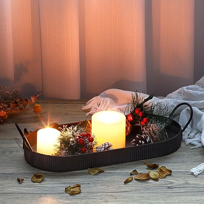 Hipiwe Oval Galvanized Metal Iron Tray with Handle, Industrial Style Storage Serving Tray Farmhouse Rustic Decorative Coffee Table Centerpiece for Home Decor