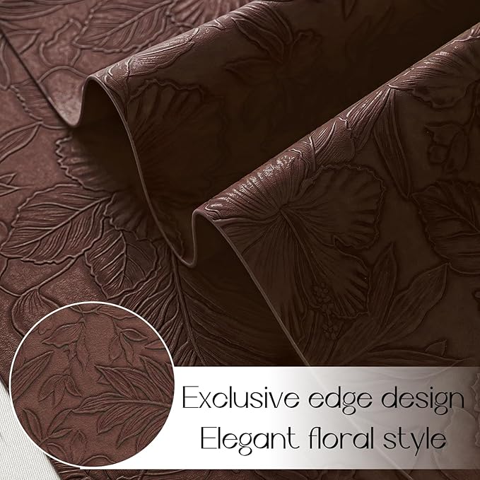 Romanstile Vinyl Placemats Set of 4-12 X 17 Inch - Heat Resistant Non-Slip Embossed Floral Place Mats 100% Waterproof Oilproof Wipeable Faux Leather Table Mats for Kitchen/Dining/Party, Brown
