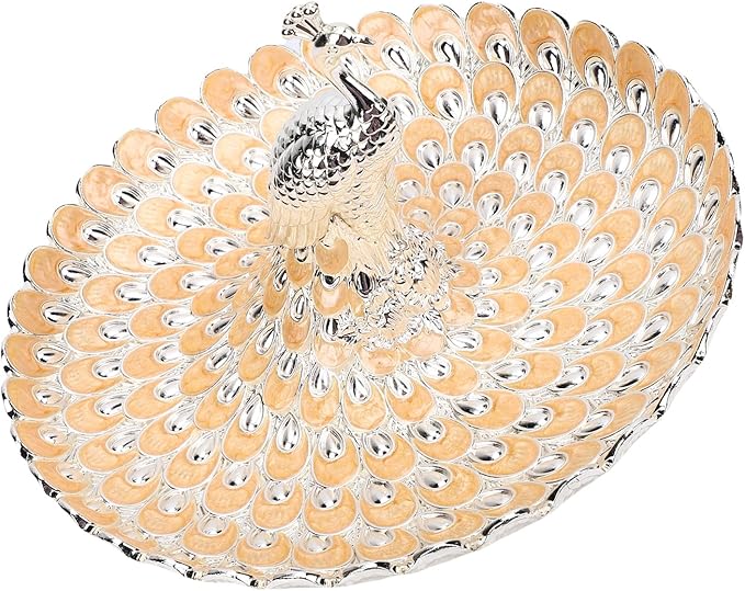 Peacock Shape Fruit Dish Tray, Decorative Storage Tray, Zinc Alloy Metal Snacks Plate Round Platter Serving Tray Cookie Storage Bowl for Home Party Cakes Cookies Candy (Silver Orange)