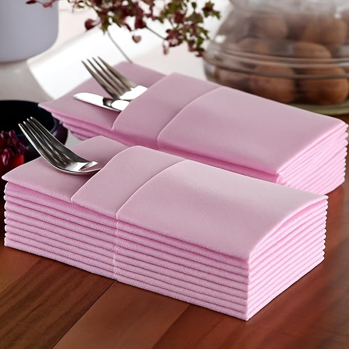 Baby Pink Dinner Napkins Cloth Like with Built-in Flatware Pocket, Linen-Feel Absorbent Disposable Paper Hand Napkins for Kitchen, Bathroom, Parties, Weddings, Dinners or Events, Pack of 50