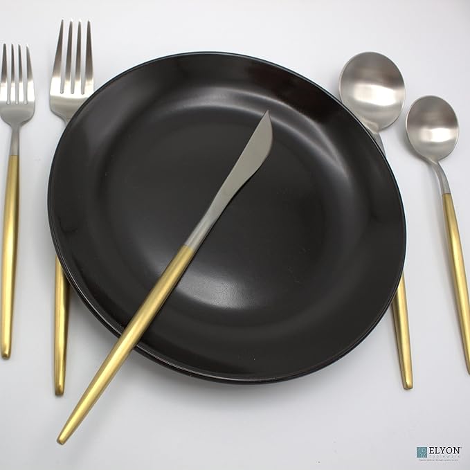 Elyon Lea 20 Piece Matte Silver/Gold Flatware Set, 18/10 Stainless Steel Gold Thin Handles Silverware, Service for 4, Sturdy Cutlery Set, Heavy Duty Modern Satin Finish