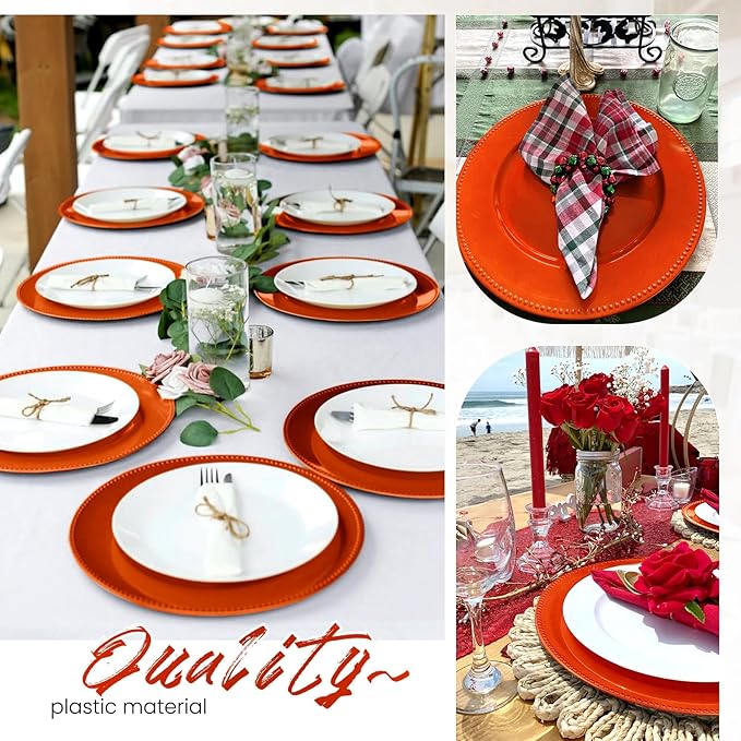 50 Pcs Orange Charger Plates Bulk, 13" Round Beaded Plate for Dinner, Decorative Plastic Table Chargers for Wedding, Holiday Party, Baby Shower, Event Decoration