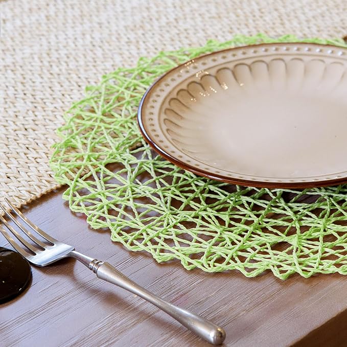 AHHFSMEI Paper Braided Round Placemats Set of 12 Natural Non-Slip Heat Resistant Table Mats for Dining Tables Woven Indoor Outdoor Place mats(Light Green,12)