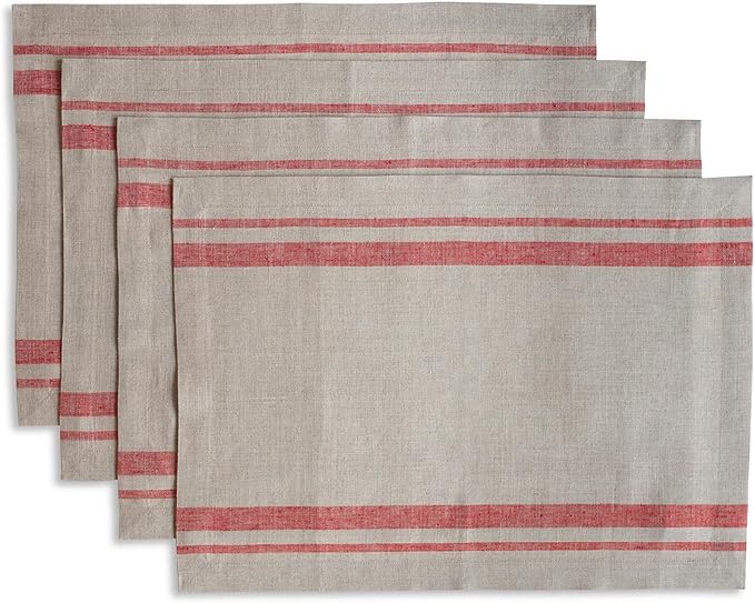 Solino Home Linen Placemats Set of 4 - French Stripe Red and Natural Placemats 14 x 19 Inch - 100% Pure Linen Table Mats for Christmas, New Year