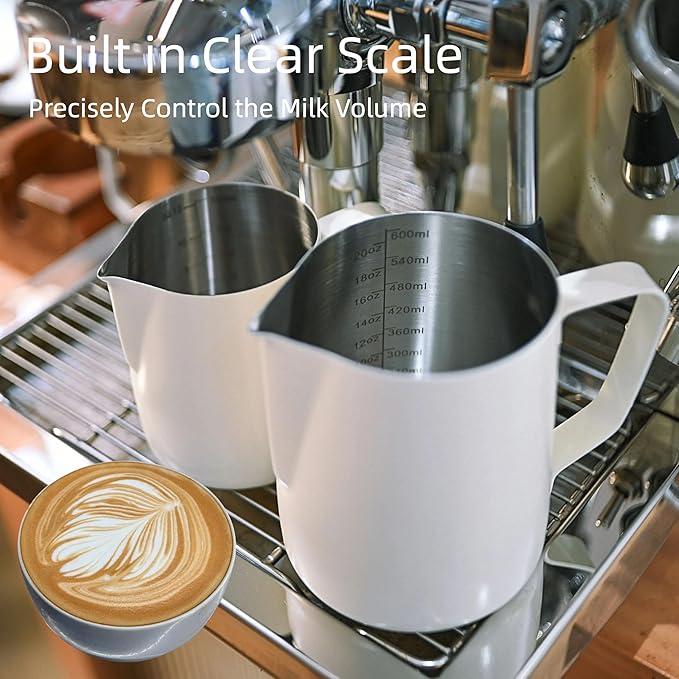 Milk Frothing Pitcher,(600ml/20oz) Steaming Pitchers,Stainless Steel Milk Cup,Cappuccino Latte Art Coffee,Barista Steam Pitchers,Temperament White