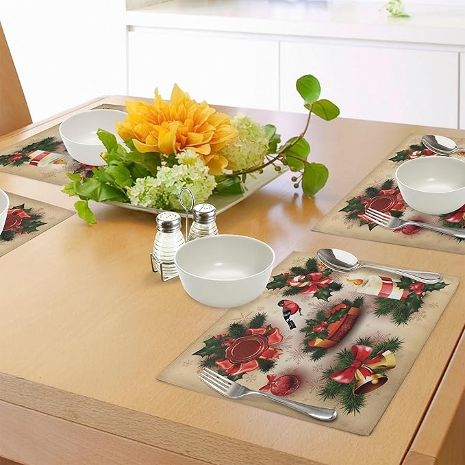 Ambesonne Christmas Place Mats Set of 8, Vintage Style Classical Candle Bell Mistletoe Ribbon Bird Art Print, Washable Fabric Placemats for Dining Table, Placemat 8 pcs, Emerald Cream