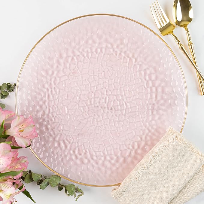 PARTY BARGAINS 13-Inch Charger Plates - 96 Pack, Hammered Pink Gold Rim, Heavy-Duty Disposable Chargers for Elegant Dining - Ideal for Weddings and Formal Events