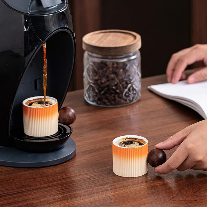 CLASGLAZ Ceramic Mini Espresso Cups Demitasse Cups with Round Wooden Handle Vertical Stripes Tea Cups (Beige&Orange, 2pcs)