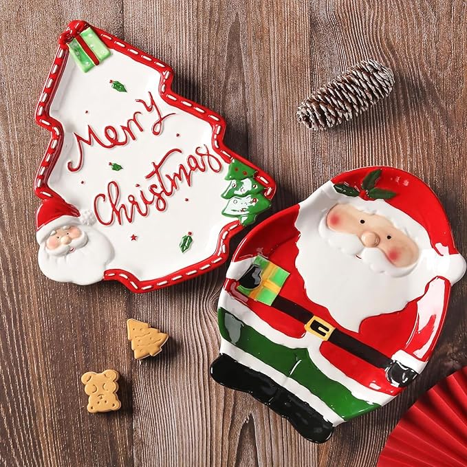 12.5 Inches Big Snacks Appetizer Trays Set, Christmas Tree Dessert Serving Dishes, Snack Platter, Food Cereal Salad Bowl, Santa Claus High Relief Bowl Ceramic Plate