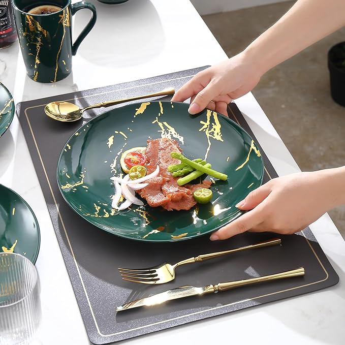 Modern Porcelain 16 Piece Green Dinnerware Set,Plates and Bowls Sets,Gold Dish Set for 4,Green Dinnerware Set,Dinner Sets with Dinner Plates.