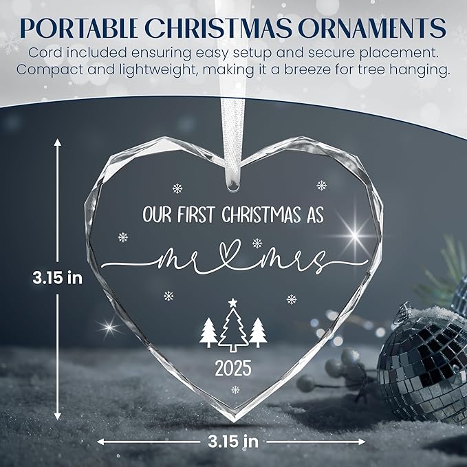 Christmas Wedding Gifts for Couples 2025 - Mr and Mrs - Bridal Shower Gifts for Newlywed Bride - Glass Christmas Birthday Ornaments 2025 with Card, First Christmas Married Ornament