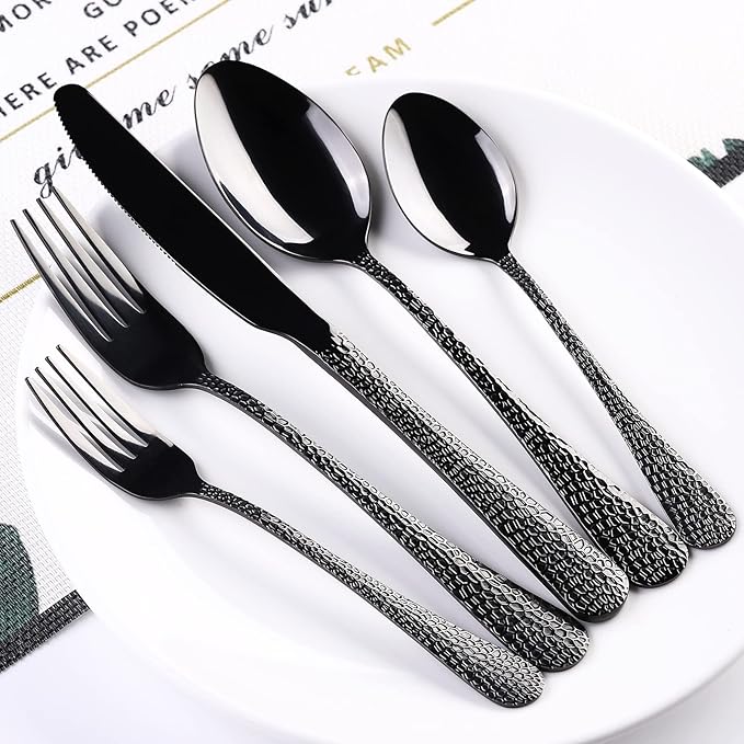 40 Piece Forged Black Flatware Set for 8 SANLUNS Stainless Steel Heavy Hammered Silverware Fine Dining Utensils Tableware Unique Cutlery Knives Forks Spoons,Reusable Holiday Gifts Mirror Dishwasher