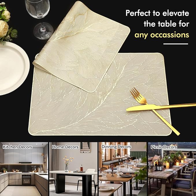 FAVE 6PCS Placemats Gold Placemats Vinyl Placemats Set of 6 Golden Table Mats Reusable Metallic Shiny Gold Place mats for Wedding, Banquet, Birthday, Party, Restaurant （15 x15,Rectangular Feather）