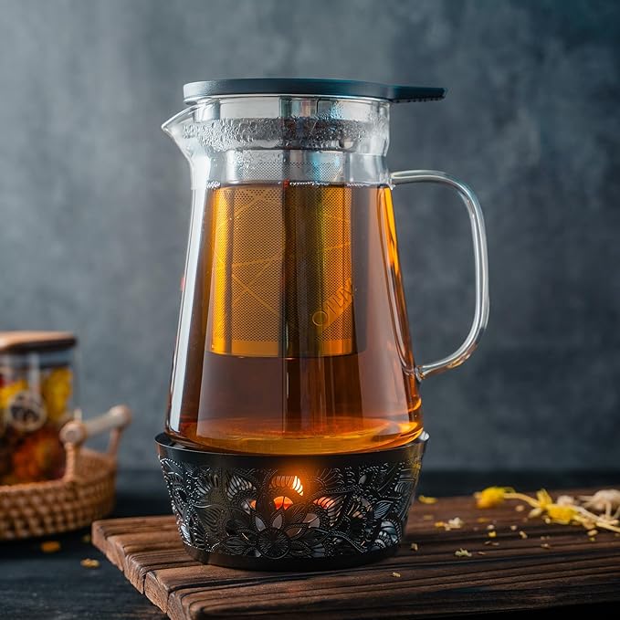 Elegant Glass Teapot with Built-In Tea Infuser & Stainless Steel Candle Warmer Base - 1000ml, Premium Gift Set for Tea Lovers, Perfect for Brewing and Keeping Tea Warm
