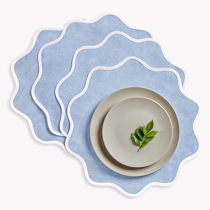Solino Home Scallop Linen Placemats Set of 4-100% Pure Linen White and Chambray Blue Round Cloth Placemats 16 Inch for New Year, Winter - Giselle Scallop Edge, Handcrafted and Machine Washable