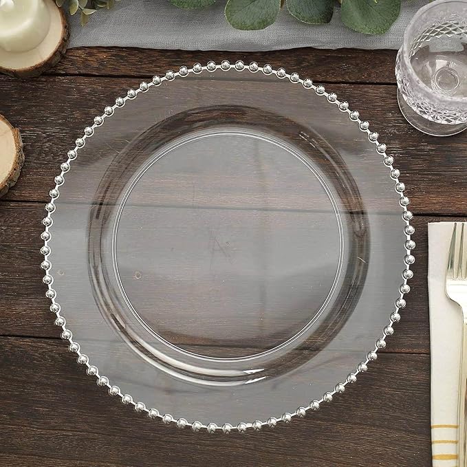 8" Salad Plates - Set of 30 - Plastic Clear/Silver Round Disposable Dessert Appetizer Plate Beaded Rim, Ideal for Dinner Party Wedding Bulk Events