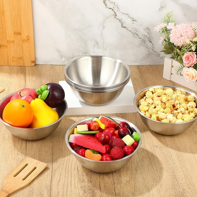 Honeydak 6 Pcs 304 Stainless Steel Mixing Bowls with Graduations, Salad Bowls Metal Serving Reusable Baking Food Storage Containers for Baking Cooking Salads Soups Ice Cream Noodles (54 oz)