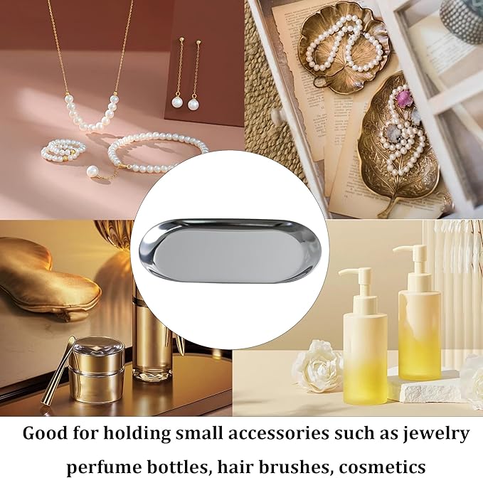 2Pcs 9x4inch Stainless Steel Decorative Trays, Oval Jewelry Dish Cosmetics Organizer, Silver Serving Platter for Bathroom Vanity Dresser Storage