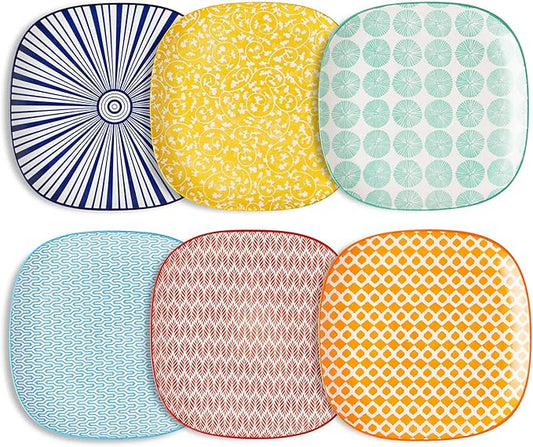 Selamica Porcelain Square Dessert Salad Pasta Steak Plates 10 inches ceramic plates set of 6 microwave/dishwasher/oven safe, Assorted Colors