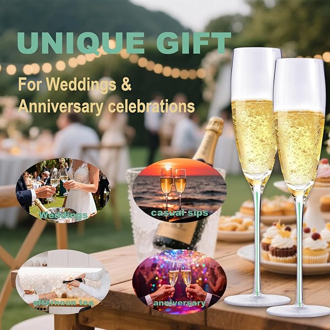 Champagne Flutes Set of 4, 8 oz, Hand Blown Lead-Free Premium Crystal Champagne Glasses, mint green Thread with Stem,Thin Rim, -Daily Use,Unique Wedding Anniversary or Birthday Gift,Party