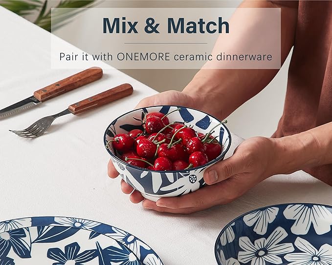 ONEMORE 20 oz Ceramic Cereal Bowls Set of 6, Porcelain Dinner Bowls for Soup, Dessert, Ice Cream - Microwavable, Dishwasher & Oven Safe, Large Kitchen Bowl, Scratch Resistant - Vintage Blue & White
