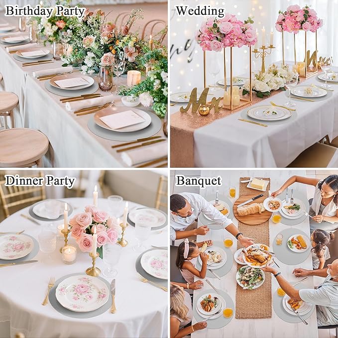 SHACOS 100 pcs Round Paper Placemats Disposable 13 inch Colored Paper Place Mats Charger for Wedding Birthday Party Bridal Baby Shower Events Table Decoration, Light Gray