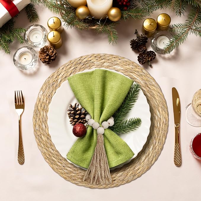Boho Woven Placemats Set of 10 with Wooden Napkin Rings, Round Charger Plates, Natural Ranttan Dinner Place Mats for Dining Table Decor - 13.8 inch
