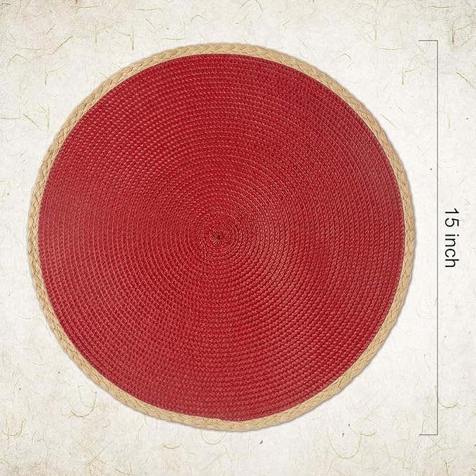 Noctiflorous Round Placemats Set of 8, 15 Inch Braided Hand Woven Table Mats, Heat Resistant Non-Slip Wipeable Thin Edge Place Mats for Kitchen Dining Indoor Outdoor Use(Red, 8)