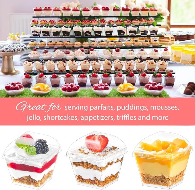 Zezzxu 50 Pack 4 oz Square Dessert Cups with Dome Lids and Spoons, Plastic Pudding Cups with Lids Mini Parfait Shooter Cups for Party Individual Banana Pudding Jello Yogurt Fruit Trifle