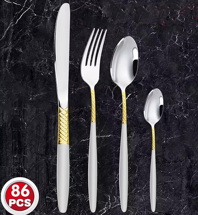 Lorren Home Trends 86 Piece 18/10 Stainless Steel and Gold Flatware Set, Service for 12, Chest included