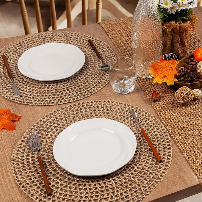 Noctiflorous Round Burlap Placemats Set of 6 Jute Rustic Place Mats for Dining Table Heat Resistant Natural Farmhouse Table Mats Decor (Jute Knit, 6)