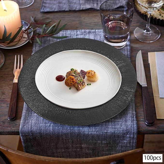 100 Pcs Antique Charger Plates Bulk 13 Inch Embossed Rim Plastic Party Dinner Plate Chargers Round Decorative Server Plate for Wedding Party Event Tableware (100pcs-black1)
