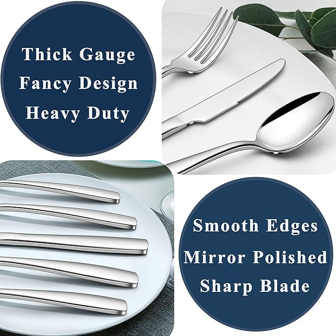 Herogo Heavy Duty Silverware Set with Serving Utensils, 52-Piece Stainless Steel Heavy Weight Modern Flatware Set for 8, Fancy Cutlery for Home Wedding, Dishwasher Safe, Mirror Finished