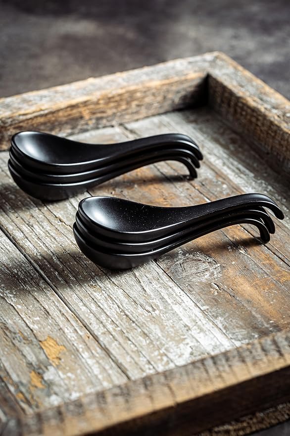 LYEOBOH Soup Spoons, Ceramic Soup Spoon Set of 6-6.5 inch Tablespoons, Dishwasher & Microwave Safe, Chinese Spoons with Deep Hook Design, Black