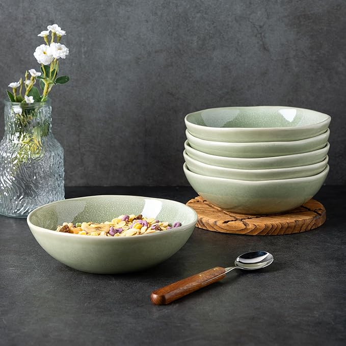 AmorArc Ceramic Cereal Bowls Set of 6, 24 oz Handmade Stoneware Bowls for Cereal Soup Salad Bread, Stylish Kitchen Bowls for Meal, Dishwasher & Microwave Safe-Olive Green