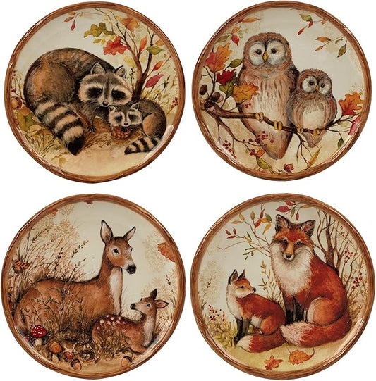 Unknown1 Pine Forest 6-inch Canape/Luncheon Plates Set of 4 Beige Brown Multi Color Animal Country Farmhouse Round Piece Dishwasher Safe Microwave