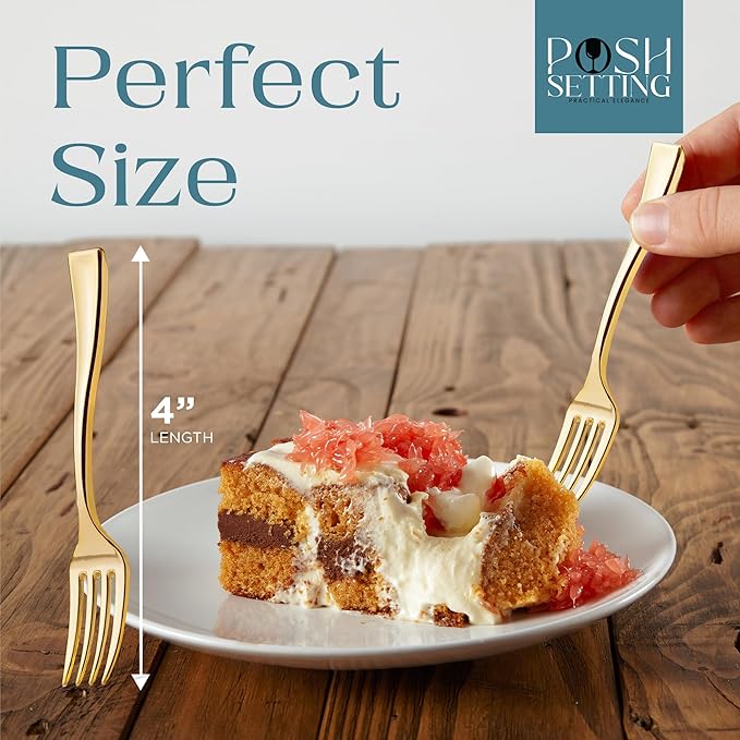 Posh Setting - Plastic Mini Dessert Forks, Gold Plastic 4 inch Taster Forks (36 Pack)