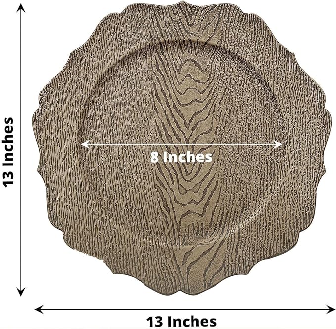 Efavormart 6 Pack | 13" Rustic Natural Wooden Textured Acrylic Charger Plates With Scalloped Rim