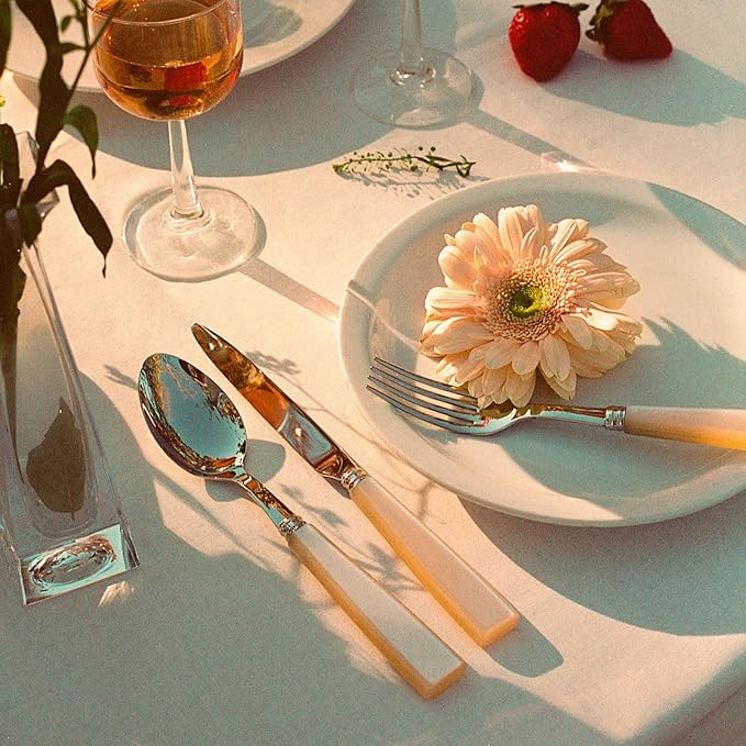 SABRE PARIS - 5-Piece Flatware Set - Icône Collection - Knife, Fork, Soup Spoon, Teaspoon & Dessert Fork - Stainless Steel & Acrylic - Dishwasher Safe - Pearly White
