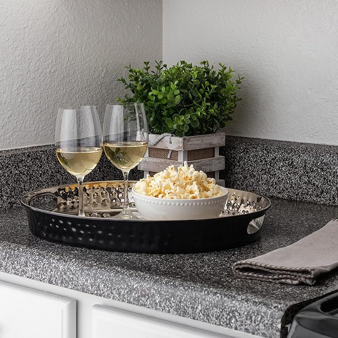 Monarch Abode Serving Tray with Handles – 17-Inch Hand Hammered Metal Platter for Living Room, Black & Nickel Finish Large Ottoman Tray Accent for Coffee Table, Tea & Food Serving Dish for Party