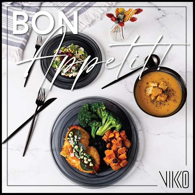 Vikko Dinner Plates, Set of 6 Black Alabaster Plates, 11" Plate with Marbelized, Swirl Design, Elegant Glass Plate, Dishwasher Safe