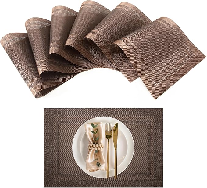 Placemats Set of 6-Heat Resistant Non-Slip Place Mats for Dining Table Kitchen, Washable Placemats Rectangular Brown