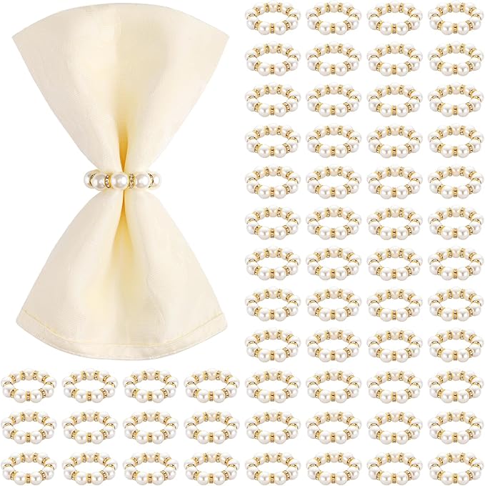 Suream Gold Napkin Rings Bulk, Set of 60 Thanksgiving Napkin Rings for Large Wedding Dinner Party Home Table Decor(White&Gold)