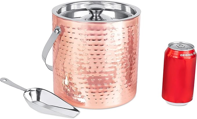 BIRDROCK HOME Ice Bucket with Scoop & Lid - 2.8 Liter Hammered 18/8 Stainless Steel Double Wall Insulated Container with Carrying Handle - Ideal for Parties, Cocktails, and Beverages - Copper