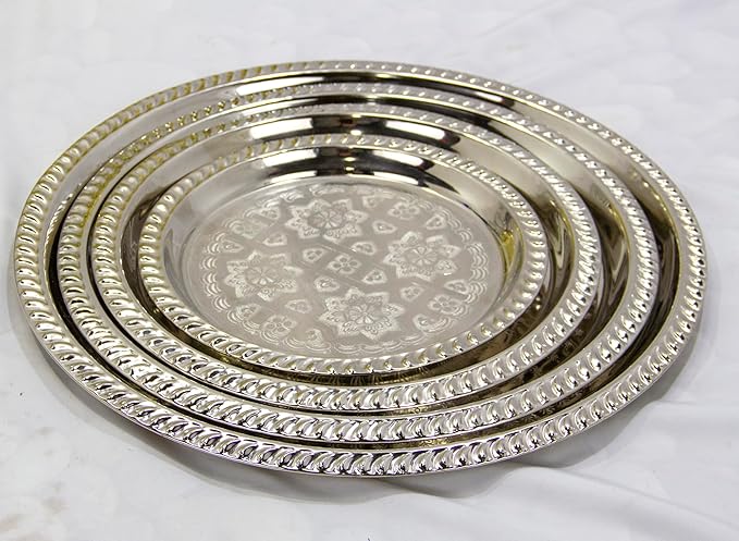 Moroccan Tea Tray Serving Cocktail Silver Handmade Fez Small Or Large Round (9/11/13/15 Inches) (9 Inches)