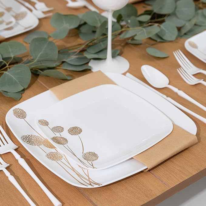 PLASTICPRO Square 64 Piece Combo Plates Set includes 32 x 7'' inch Salad Plates & 32 x 10'' inch Dinner White Plastic with Gold Dandelion Design Party Premium heavyweight